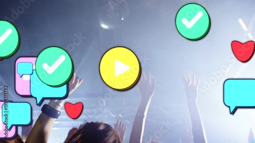 Crowd raising hands at concert, pulsing lights initiating icons flooding crowd, boosting engagement