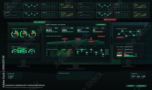 Advanced cybersecurity operations center dashboard interface with threat timeline, vulnerability scans and network defense analytics