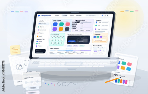 Laptop displaying design system dashboard with color library, typography scale, token management, and component preview