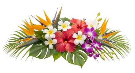 Vibrant tropical flower arrangement with bird of paradise, hibiscus, plumeria, and orchids isolated on white background