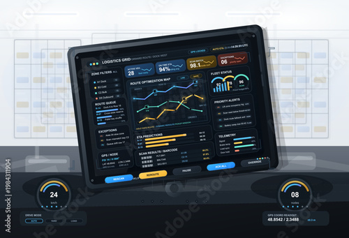 Warehouse logistics control dashboard on rugged tablet with route optimization map, fleet status, ETA, and barcode scan