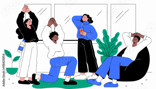 Group of people doing morning stretching exercises indoors healthy lifestyle relaxation wellness activity at home modern illustration