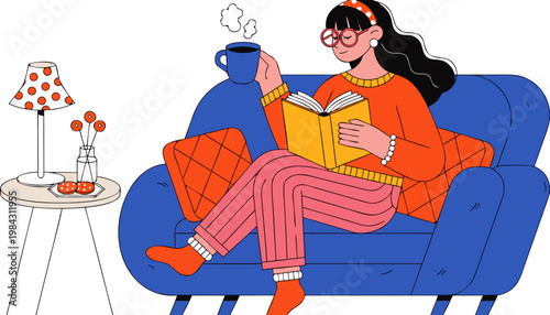 Cozy home scene with woman reading book on sofa and drinking tea relaxing lifestyle illustration comfort and leisure time indoors