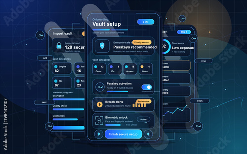 Password manager onboarding app interface with vault setup, passkeys recommendation and biometric security dashboard