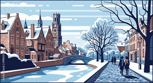 Pixel art winter scene of a snowy canal and cobblestone street