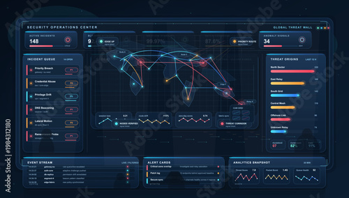 Security operations center dashboard with global threat map, incident queue, anomaly signals, and cybersecurity analytics