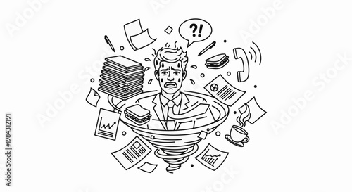 Overwhelmed businessman caught in a vortex of work chaos and stress