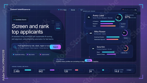 AI recruitment dashboard interface with applicant screening, ranking cards, candidate search, and hiring metrics