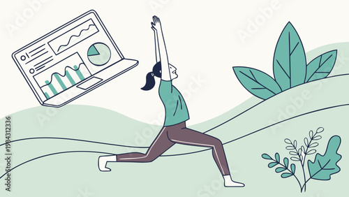 Woman doing yoga stretch on mat with raised arms, minimal illustration with plants and analytics chart background representing wellness, productivity and growth