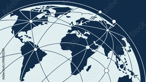 Global network connections over world map with linked nodes, minimal illustration representing communication, internet and worldwide data exchange