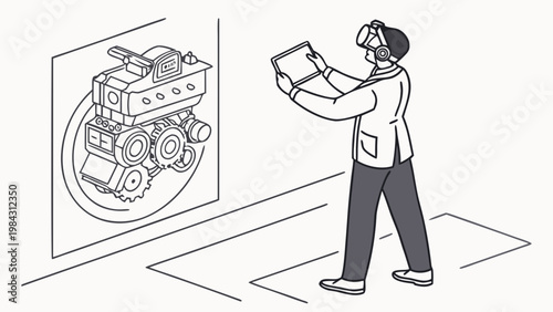 Man interacting with augmented reality screen showing engine model, minimal illustration representing engineering, technology and digital visualization
