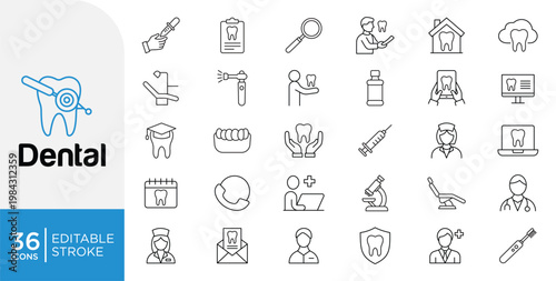 Dental Care Icons Set. Dentistry, Oral Health, Clinic, Treatment, Hygiene, Dentist Editable Stroke Vector Outline Symbols