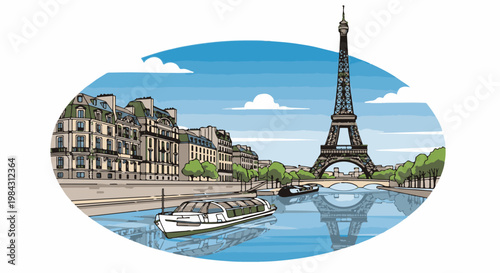 Parisian riverside scene with famous tower, buildings, and boats on water