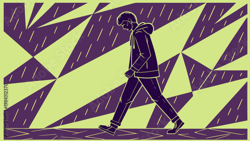 Man walking alone in rain with lightning, abstract illustration representing loneliness, struggle and emotional distress