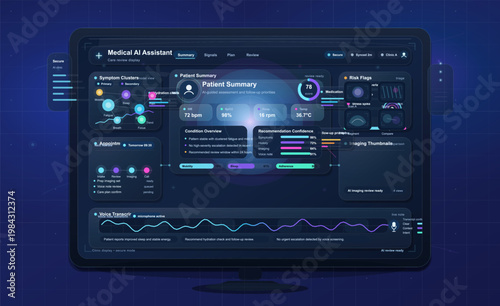 Medical AI assistant dashboard with patient summary, vital signs, symptom clusters and clinical review panels
