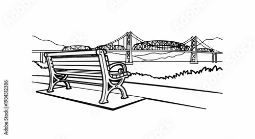 Park bench overlooks a large suspension bridge spanning a body of water