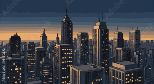 Pixelated city skyline at dusk with illuminated windows and warm glow