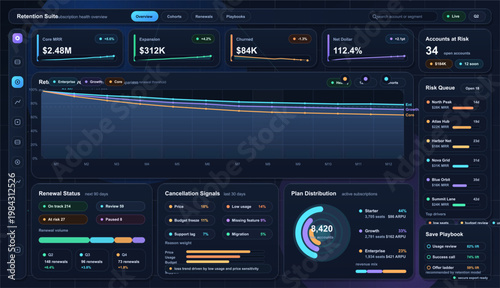 Subscription retention analytics dashboard with churn metrics, net dollar retention and accounts at risk panels
