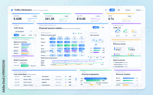 Traffic attribution analytics dashboard with channel source matrix, campaign performance and conversion tracking interface