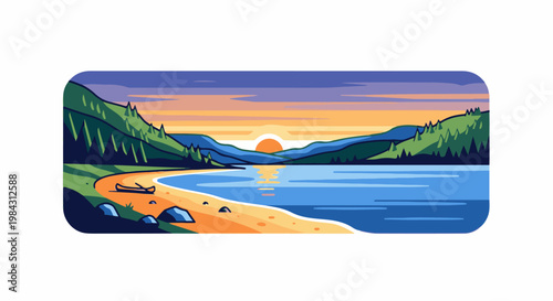Peaceful pixel art lake scene with a canoe at sunset over the mountains