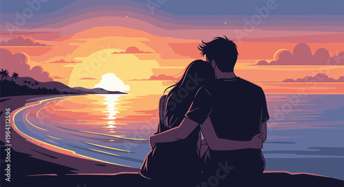 Pixelated couple embraces by the sea watching a vibrant sunset
