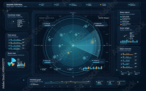 Futuristic radar control dashboard interface with circular tracking screen, telemetry panels, grid map and HUD elements