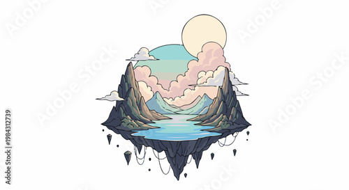 Pixelated floating islands with a serene lake and pastel clouds under a sun