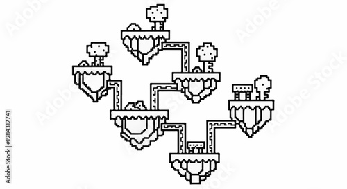 Pixelated floating islands connected by bridges in a video game world