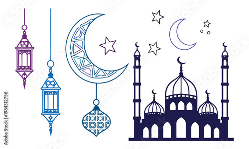 Islamic decorative elements featuring lanterns crescent moons stars and a mosque illustration