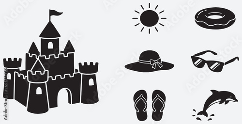 Collection of summer vacation icons including a sandcastle, sun, sunglasses, flip-flops, and a dolphin.
