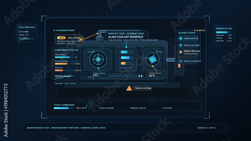 Futuristic maintenance dashboard interface with engineering diagnostics, service workflow and industrial system HUD