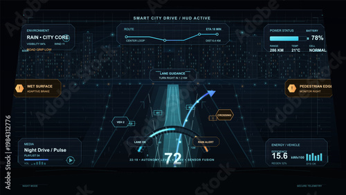 Autonomous vehicle HUD interface in rainy smart city at night with route guidance, battery status, and hazard alerts