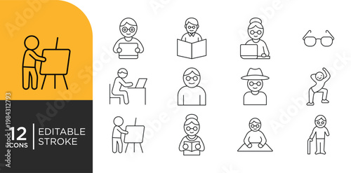 Elderly People Icons Set. Senior Lifestyle, Care, Senior Citizens, Daily Activities Editable Stroke Vector Outline Symbols