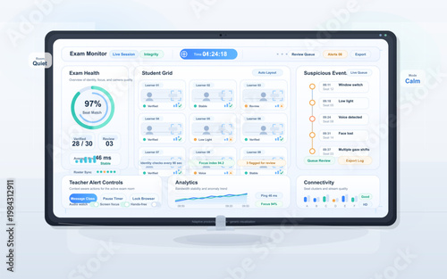 Online exam proctoring dashboard interface with student grid, integrity monitoring and suspicious event review