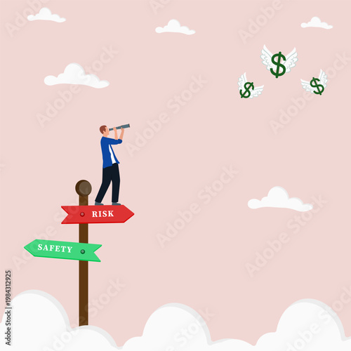 Businessman standing on risk and safety signpost, using telescope to find flying money opportunities, representing decision making, financial risk, investment strategy, and future growth.