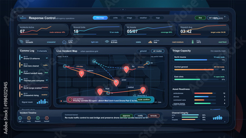 Emergency response control dashboard on laptop screen with live incident map, triage capacity and dispatch analytics
