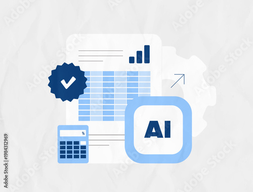 AI accounting with automated financial reports and data analysis for business tracking. AI accounting improves accuracy and efficiency with smart calculations and automation vector illustration.