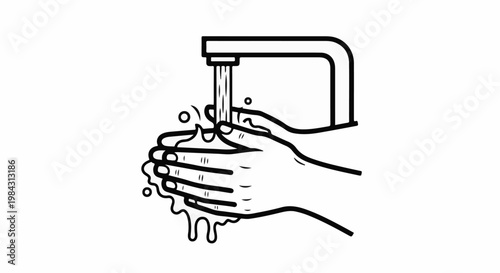 Minimalist line art of hands washing under a faucet with dripping water