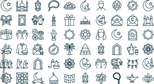 Collection of Islamic and Ramadan themed line icons representing culture and traditions for celebration