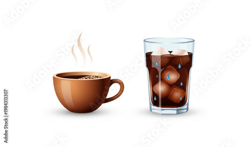 Hot and iced coffee beverage vector illustration with contrasting drink cups in modern flat design