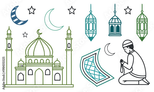 Islamic holiday elements including a mosque crescent moons stars lanterns praying man and prayer mat