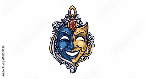 Ornate theatrical mask pendant with dual blue and gold faces