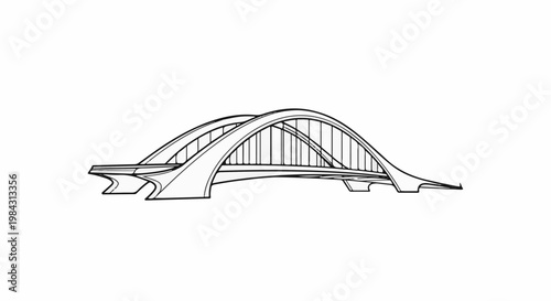 Modern arched bridge structure with dual supports and suspension elements