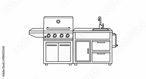 Outline of a grill with a side sink and storage cabinets