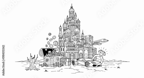 Opulent castle surrounded by symbols of wealth, including a sports car