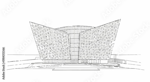 Modern architectural design with stone facade and curved glass center