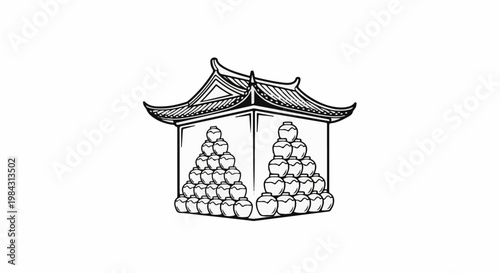 Ornate traditional building with stacks of pottery jars on each side