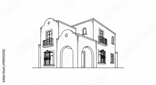 Ornate two-story building with arched entryway and balconies
