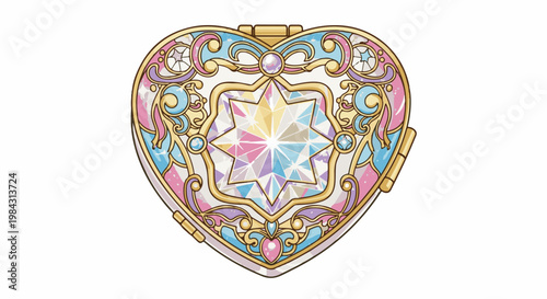 Ornate heart-shaped locket with a large faceted gem and decorative swirls