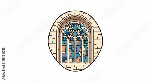 Ornate arched stained glass window set within stone, with geometric patterns